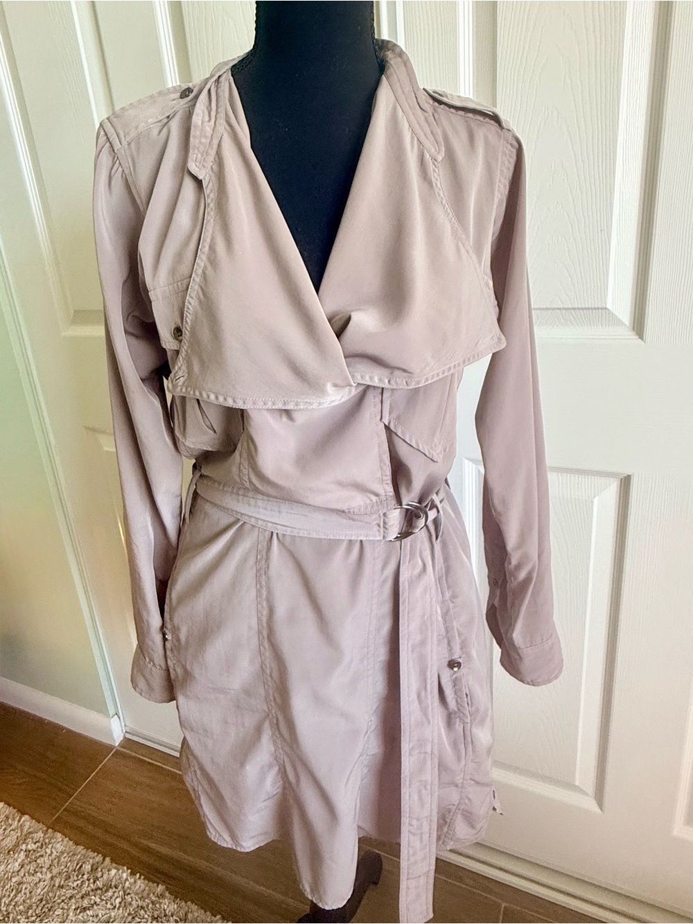 1991 Calvin Klein Taupe Long Sleeve Belted Trench Dress